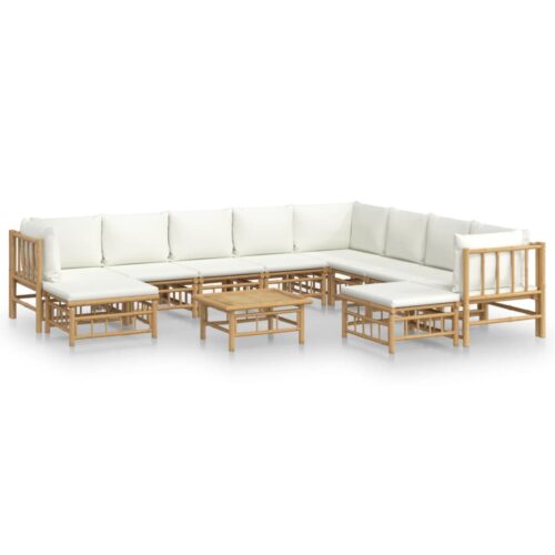 11-Piece Garden Lounge Set with Cream White Cushions Bamboo