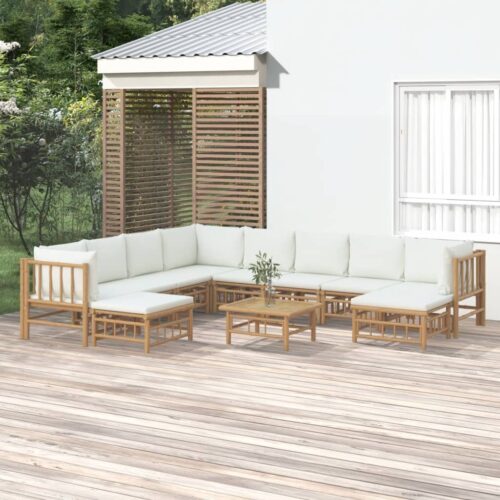 11-Piece Garden Lounge Set with Cream White Cushions Bamboo - Image 2