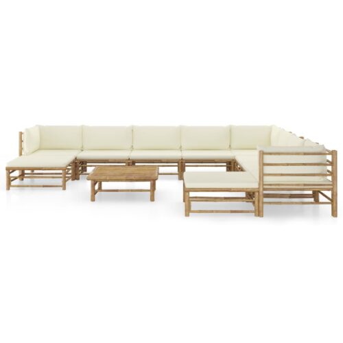 11-Piece Garden Lounge Set with Cream White Cushions Bamboo - Image 2