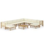 11-Piece Garden Lounge Set with Cream White Cushions Bamboo