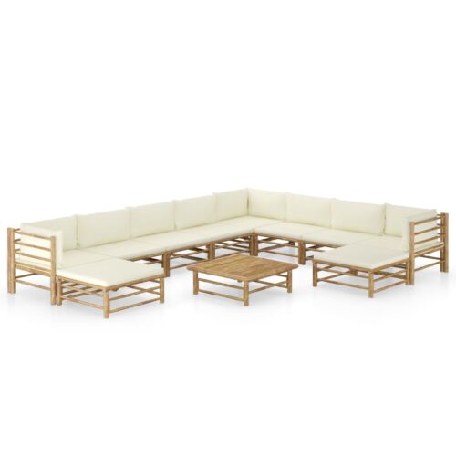11-Piece Garden Lounge Set with Cream White Cushions Bamboo