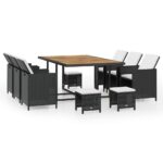 11-Piece Outdoor Dining Set Poly Rattan Wicker Outdoor Patio Furniture Acacia Wood Black