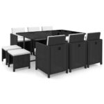 11-Piece Outdoor Dining Set with Cushions Poly Rattan Wicker Outdoor Patio Furniture Black