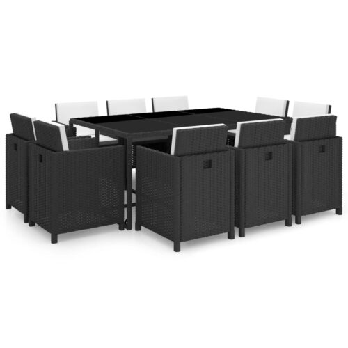 11-Piece Outdoor Dining Set with Cushions Poly Rattan Wicker Outdoor Patio Furniture Black