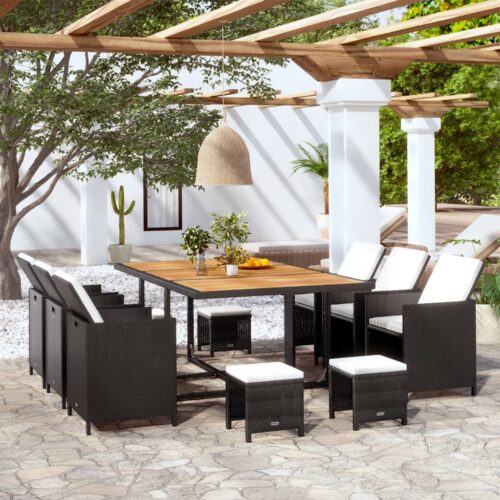 11-Piece Outdoor Dining Set with Cushions Poly Rattan Wicker Outdoor Patio Furniture Black - Image 2