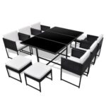 11-Piece Outdoor Dining Set with Cushions Poly Rattan Wicker Outdoor Patio Furniture Black