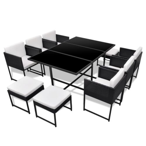 11-Piece Outdoor Dining Set with Cushions Poly Rattan Wicker Outdoor Patio Furniture Black