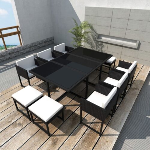 11-Piece Outdoor Dining Set with Cushions Poly Rattan Wicker Outdoor Patio Furniture Black - Image 2