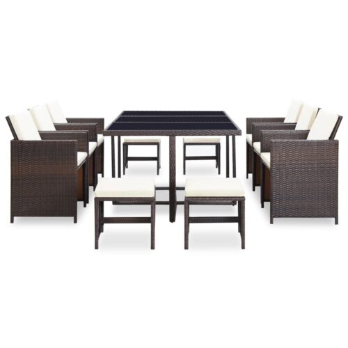 11-Piece Outdoor Dining Set with Cushions Poly Rattan Wicker Outdoor Patio Furniture Brown - Image 2