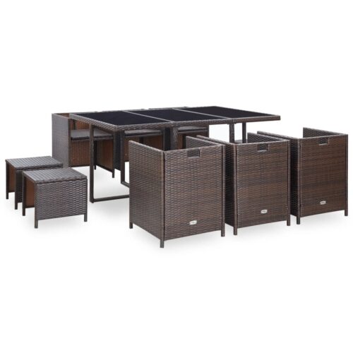 11-Piece Outdoor Dining Set with Cushions Poly Rattan Wicker Outdoor Patio Furniture Brown - Image 4