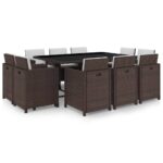 11-Piece Outdoor Dining Set with Cushions Poly Rattan Wicker Outdoor Patio Furniture Brown