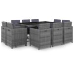 11-Piece Outdoor Dining Set with Cushions Poly Rattan Wicker Outdoor Patio Furniture Grey