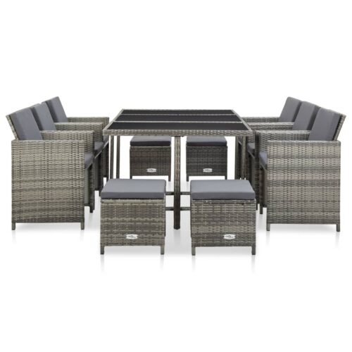 11-Piece Outdoor Dining Set with Cushions Poly Rattan Wicker Outdoor Patio Furniture Grey - Image 2