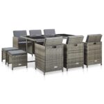 11-Piece Outdoor Dining Set with Cushions Poly Rattan Wicker Outdoor Patio Furniture Grey