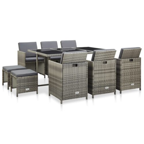 11-Piece Outdoor Dining Set with Cushions Poly Rattan Wicker Outdoor Patio Furniture Grey