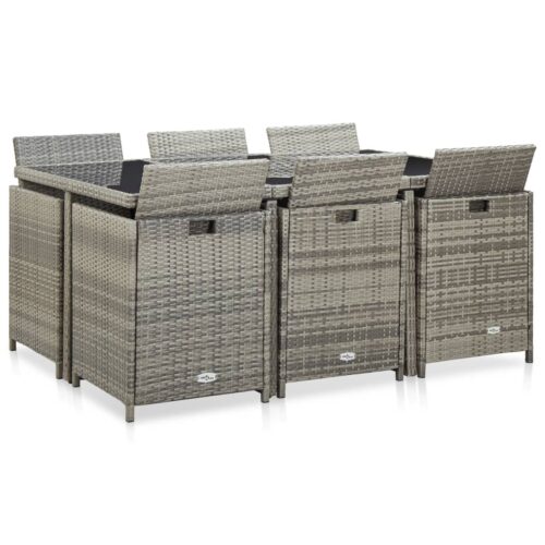 11-Piece Outdoor Dining Set with Cushions Poly Rattan Wicker Outdoor Patio Furniture Grey - Image 4