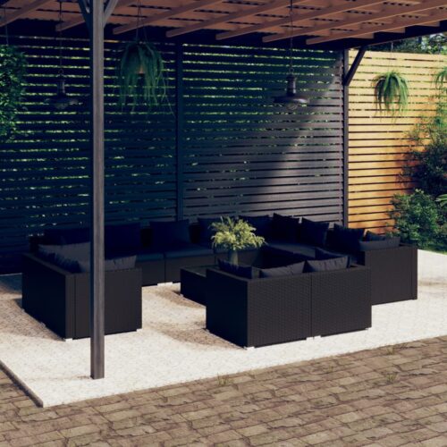 13-Piece Garden Lounge Set with Cushions Black Poly Rattan Wicker Outdoor Patio Furniture - Image 2