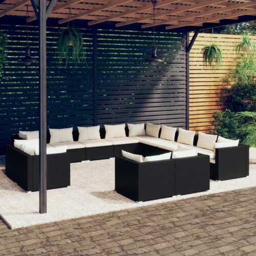 13-Piece Garden Lounge Set with Cushions Black Poly Rattan Wicker Outdoor Patio Furniture - Image 2