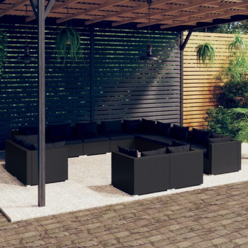 13-Piece Garden Lounge Set with Cushions Black Poly Rattan Wicker Outdoor Patio Furniture - Image 2