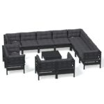 13-Piece Garden Lounge Set with Cushions Black Pine Wood Outdoor Patio Furniture