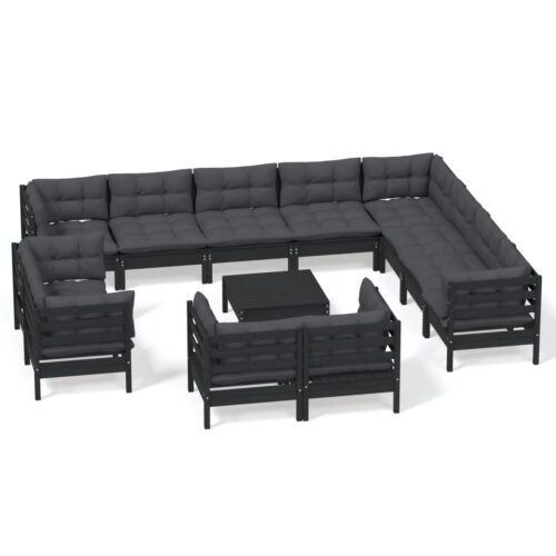 13-Piece Garden Lounge Set with Cushions Black Pine Wood Outdoor Patio Furniture
