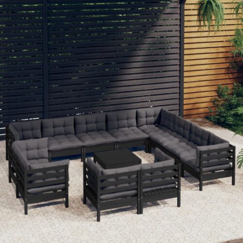 13-Piece Garden Lounge Set with Cushions Black Pine Wood Outdoor Patio Furniture - Image 2