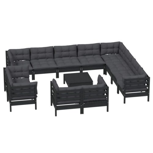13-Piece Garden Lounge Set with Cushions Black Pine Wood Outdoor Patio Furniture - Image 3