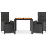 3-Piece Outdoor Dining Set with Cushions Garden Patio Bistro Chairs Table Rattan