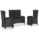 3-Piece Garden Dining Set with Cushions Black Poly Rattan Wicker Outdoor Patio Furniture