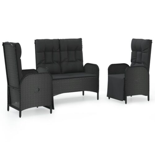 3-Piece Garden Dining Set with Cushions Black Poly Rattan Wicker Outdoor Patio Furniture