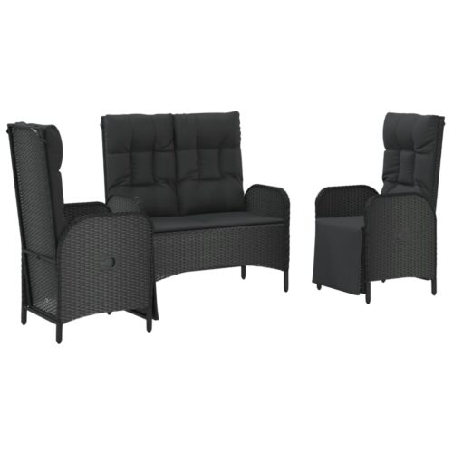 3-Piece Garden Dining Set with Cushions Black Poly Rattan Wicker Outdoor Patio Furniture - Image 2