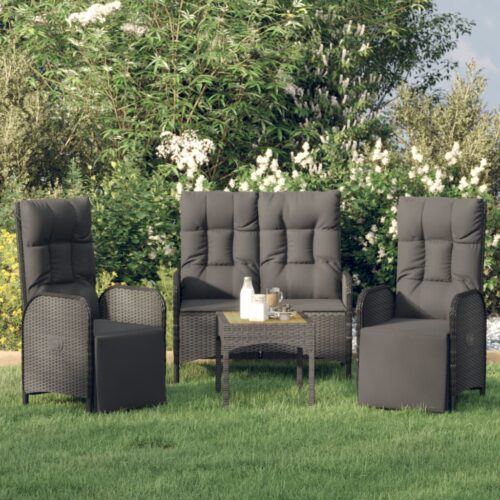3-Piece Garden Dining Set with Cushions Black Poly Rattan Wicker Outdoor Patio Furniture - Image 8