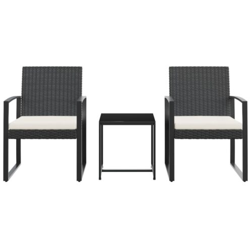 3-Piece Garden Dining Set with Cushions Black PP Rattan - Image 2