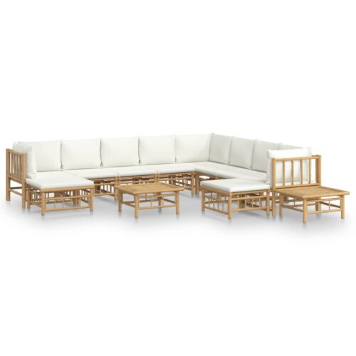 12-Piece Garden Lounge Set with Cream White Cushions Bamboo Outdoor Patio Furniture