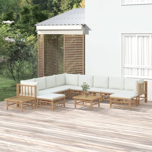 12-Piece Garden Lounge Set with Cream White Cushions Bamboo Outdoor Patio Furniture - Image 2