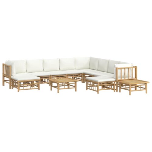 12-Piece Garden Lounge Set with Cream White Cushions Bamboo Outdoor Patio Furniture - Image 3
