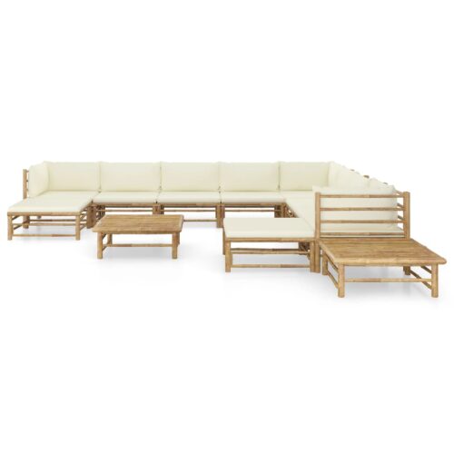 12-Piece Garden Lounge Set with Cream White Cushions Bamboo Outdoor Patio Furniture - Image 2