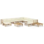 12-Piece Garden Lounge Set with Cream White Cushions Bamboo Outdoor Patio Furniture