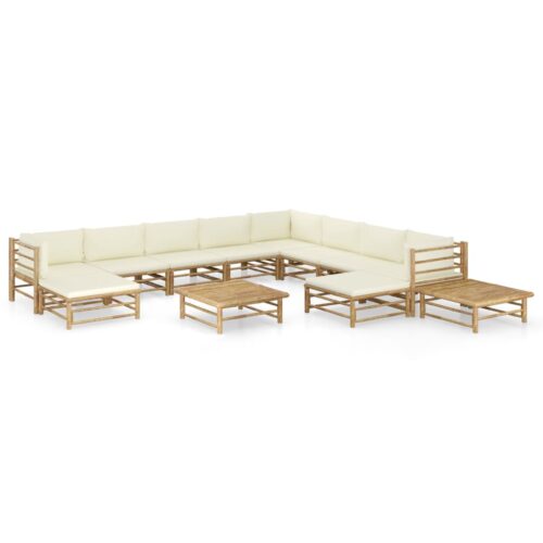 12-Piece Garden Lounge Set with Cream White Cushions Bamboo Outdoor Patio Furniture