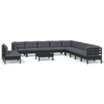 12-Piece Garden Lounge Set with Cushions Black Pine Wood Outdoor Patio Furniture