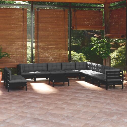 12-Piece Garden Lounge Set with Cushions Black Pine Wood Outdoor Patio Furniture - Image 2