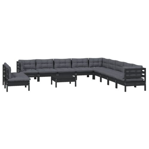 12-Piece Garden Lounge Set with Cushions Black Pine Wood Outdoor Patio Furniture - Image 3