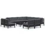 12-Piece Garden Lounge Set with Cushions Black Pine Wood Outdoor Patio Furniture