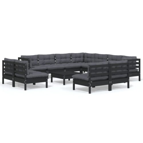 12-Piece Garden Lounge Set with Cushions Black Pine Wood Outdoor Patio Furniture