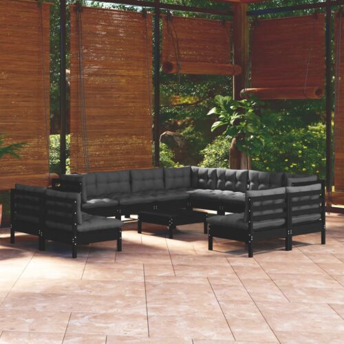 12-Piece Garden Lounge Set with Cushions Black Pine Wood Outdoor Patio Furniture - Image 2