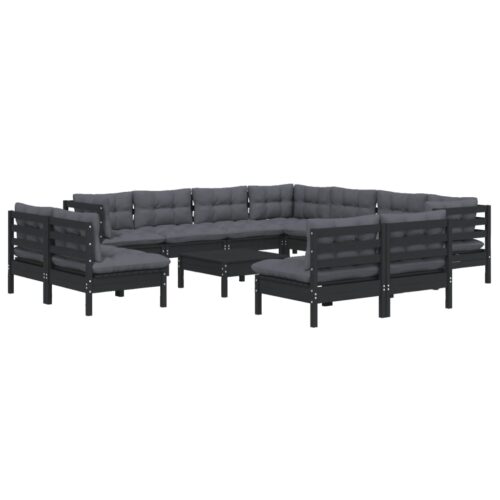 12-Piece Garden Lounge Set with Cushions Black Pine Wood Outdoor Patio Furniture - Image 3