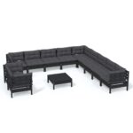 12-Piece Garden Lounge Set with Cushions Black Pine Wood Outdoor Patio Furniture