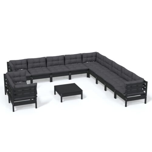 12-Piece Garden Lounge Set with Cushions Black Pine Wood Outdoor Patio Furniture