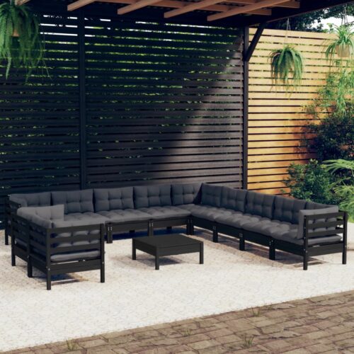 12-Piece Garden Lounge Set with Cushions Black Pine Wood Outdoor Patio Furniture - Image 2