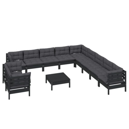 12-Piece Garden Lounge Set with Cushions Black Pine Wood Outdoor Patio Furniture - Image 3